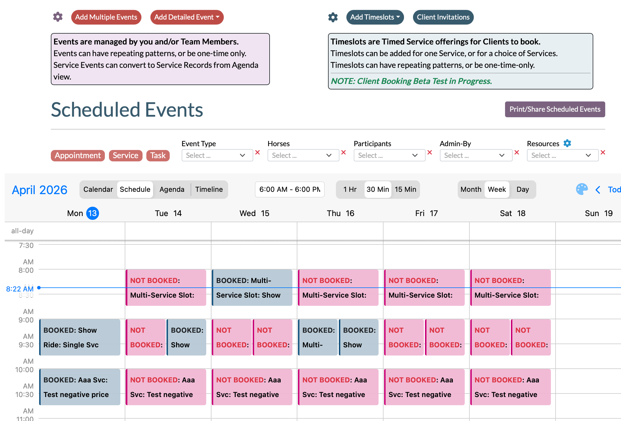 StableSecretary scheduling UI with Schedule, Calendar, Agenda, and Timeline navigation; event filters; time-slot booking states; booked and not-booked service slots.