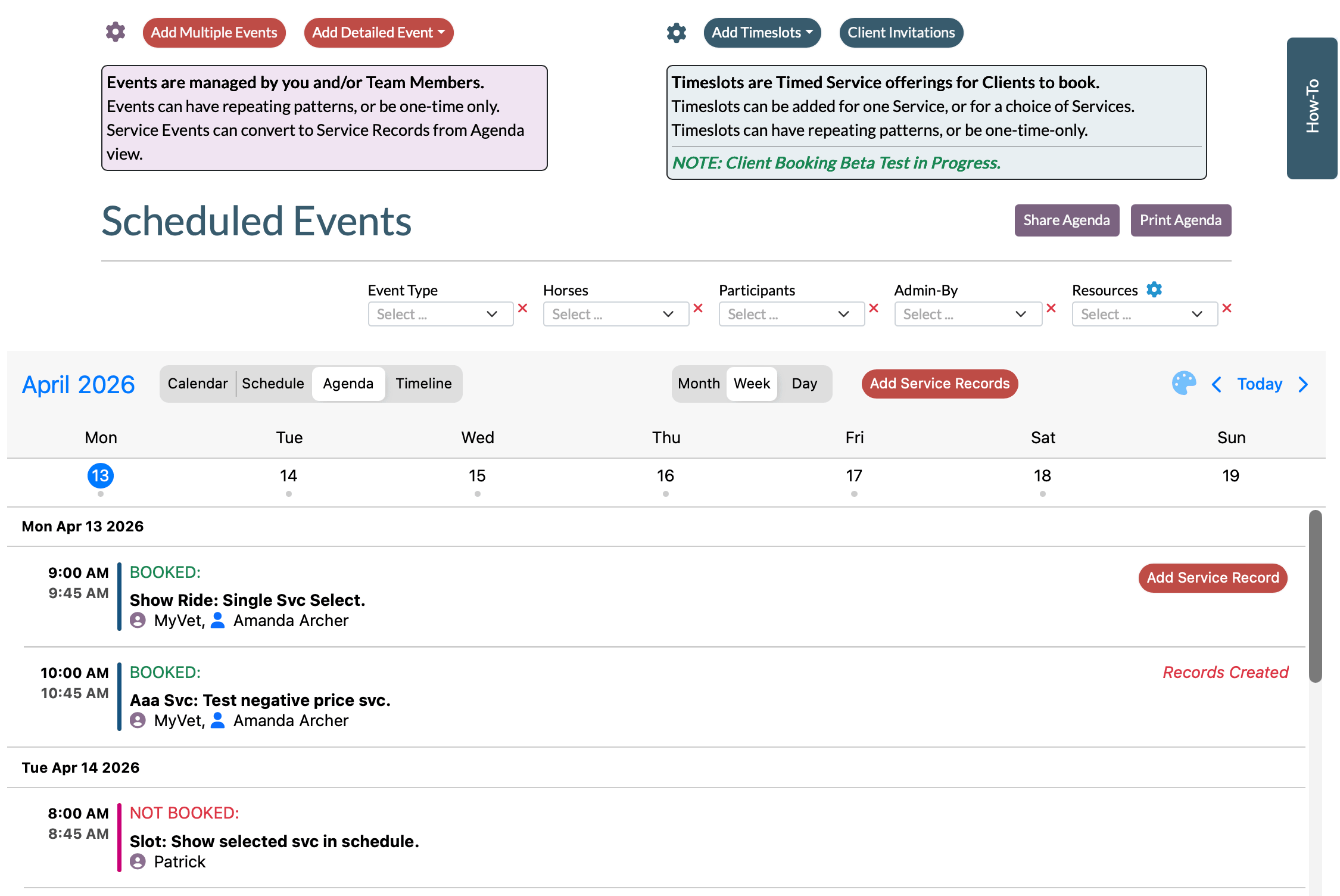 StableSecretary agenda-style scheduling UI with service record actions, booked events, unbooked time slots, and client booking UI notes.