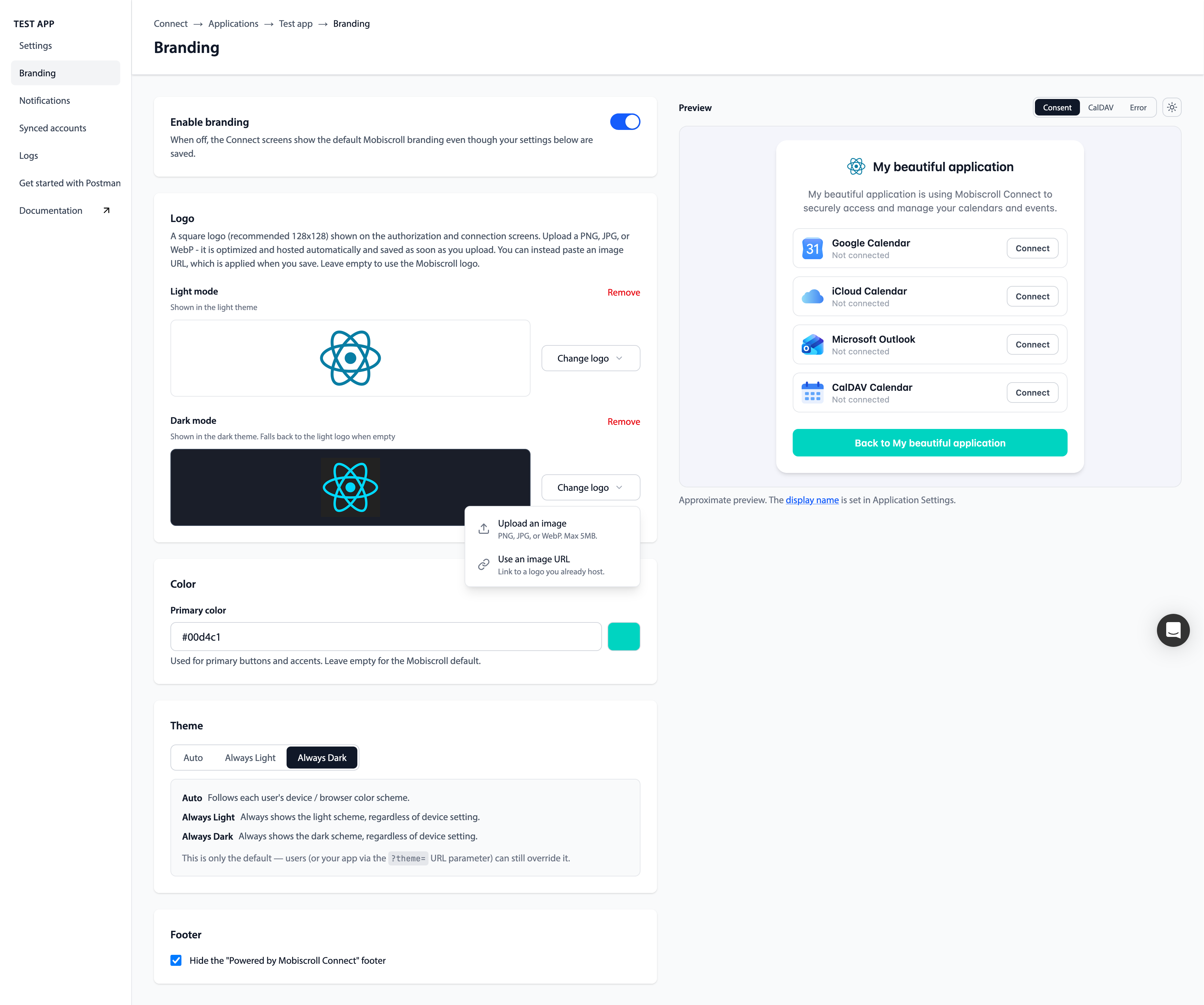 Branding page in the Connect dashboard