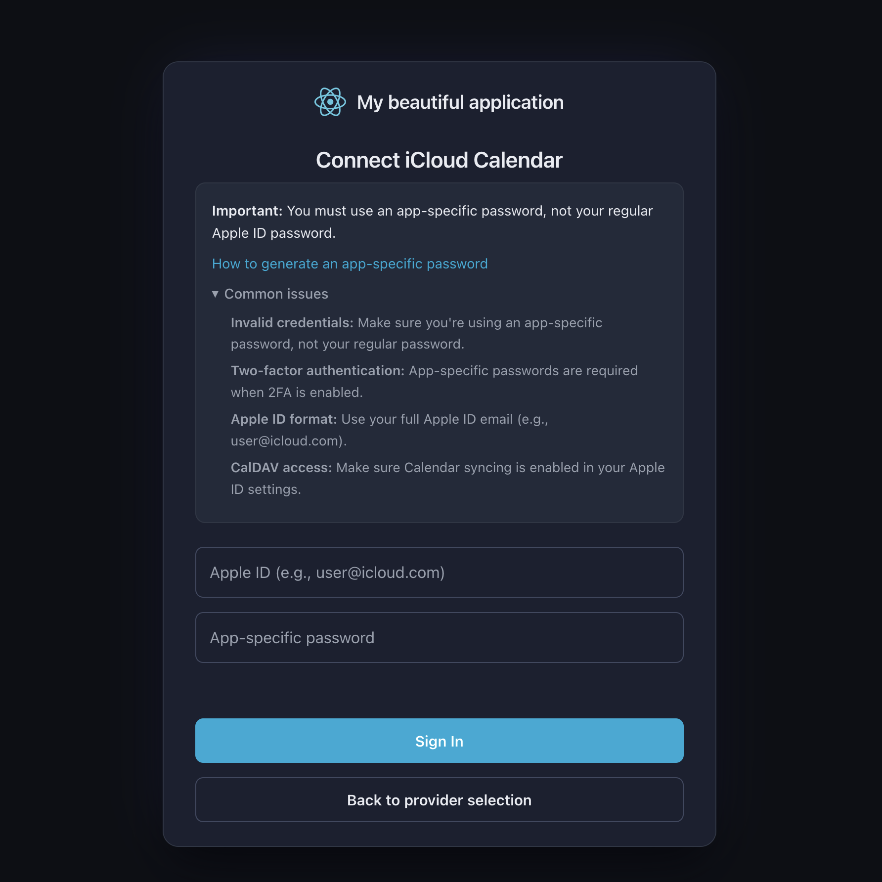 Connect authorization screen with dark theme
